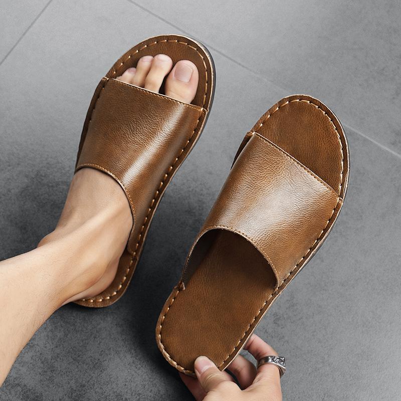 High Quality New Luxury Men's Summer Genuine Leather Slippers Cool Breathable Anti-Slip Outdoor Trendy Beach Shoes