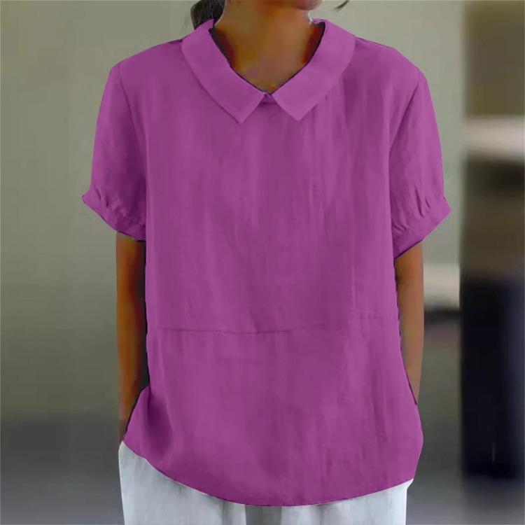 Summer Casual Blouse Peter Pan Collar Cotton Loose Ladies Shirt Short Sleeve Solid Color Breathable Womens Tops