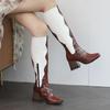 Hochwertige Lederstiefel für Damen Mode Dicke Hohe Absätze Kette Reißverschluss Kniehohe Stiefel Rutschfest Gemütliches Filzfutter Damenstiefel