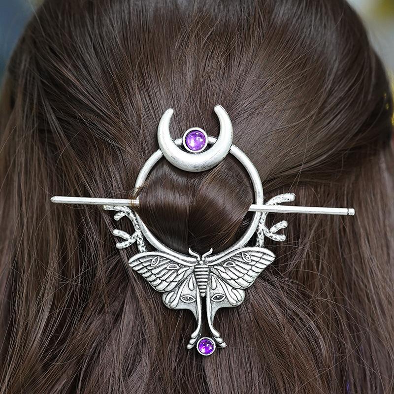 Vintage Moonstone Moth Butterfly Hair Stick Viking Women Fashion Personalized Hair Accessory Elegant Gift For Her