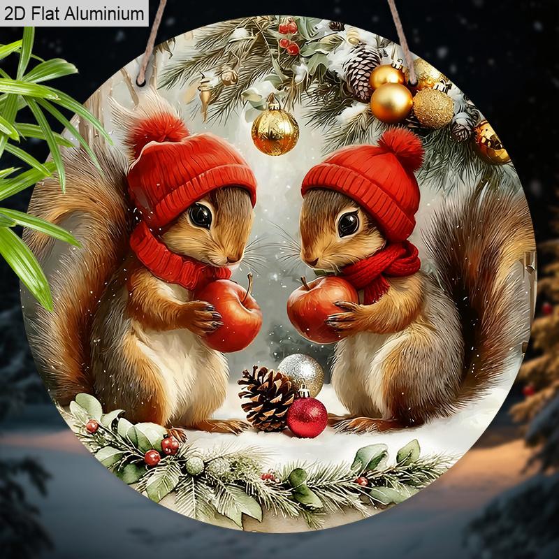 2D Flat Warm Winter Aluminium Christmas Sign with Adorable Squirrel Pattern - Navidad Figurine Ornaments - Ideal for Front Door, Wall, Porch, Fence