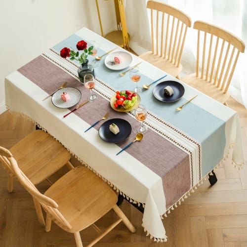Retro Cotton Linen Tablecloth with Tassel Lace Table Cover for Party Banquet Dining Tables, Patina, 140x200cm