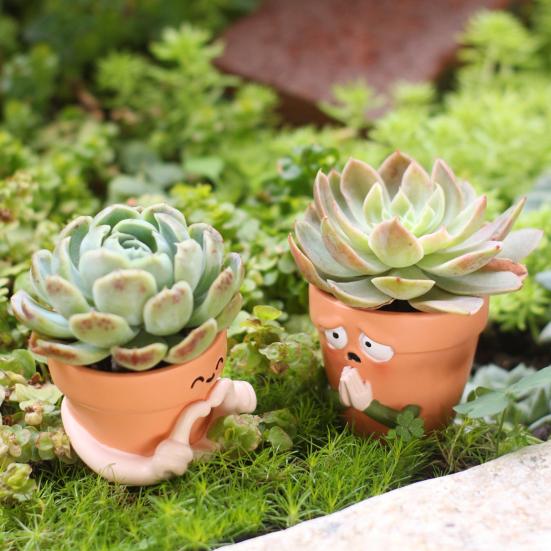2Pcs Flowerpots Breathable Clay Texture Resin Mini Planter with 3D Relief Anthropomorphic Design Desktop Balcony Windowsill Decor