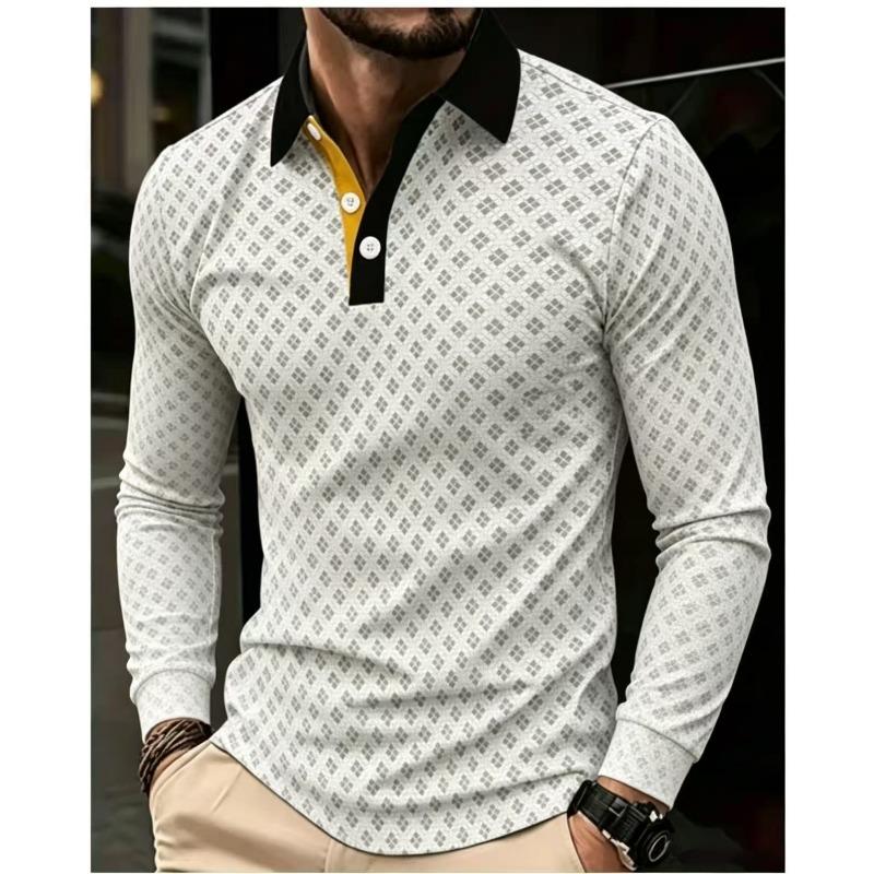 Men S Long Sleeve Polo Shirt Fashion Print Plaid Casual Style
