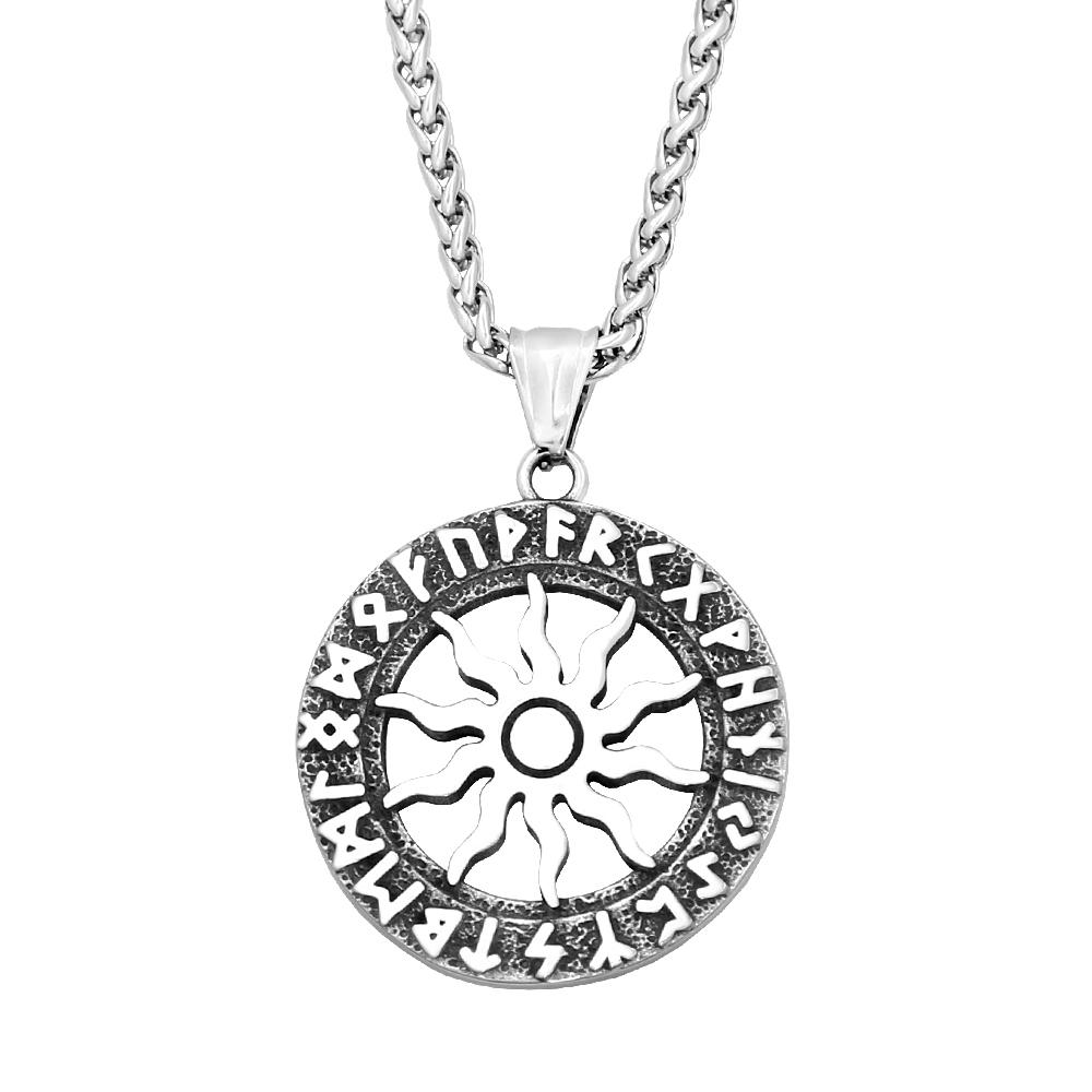 

Vintage Sun God Apollo Pendant Necklace Round Nordic Stainless Steel Viking Rune Necklace Men Amulet Jewelry Gift
