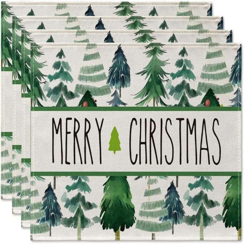 4Pcs Placemats & Coasters Set Christmas Santa Robin Snowman Reindeer Dinner Mats