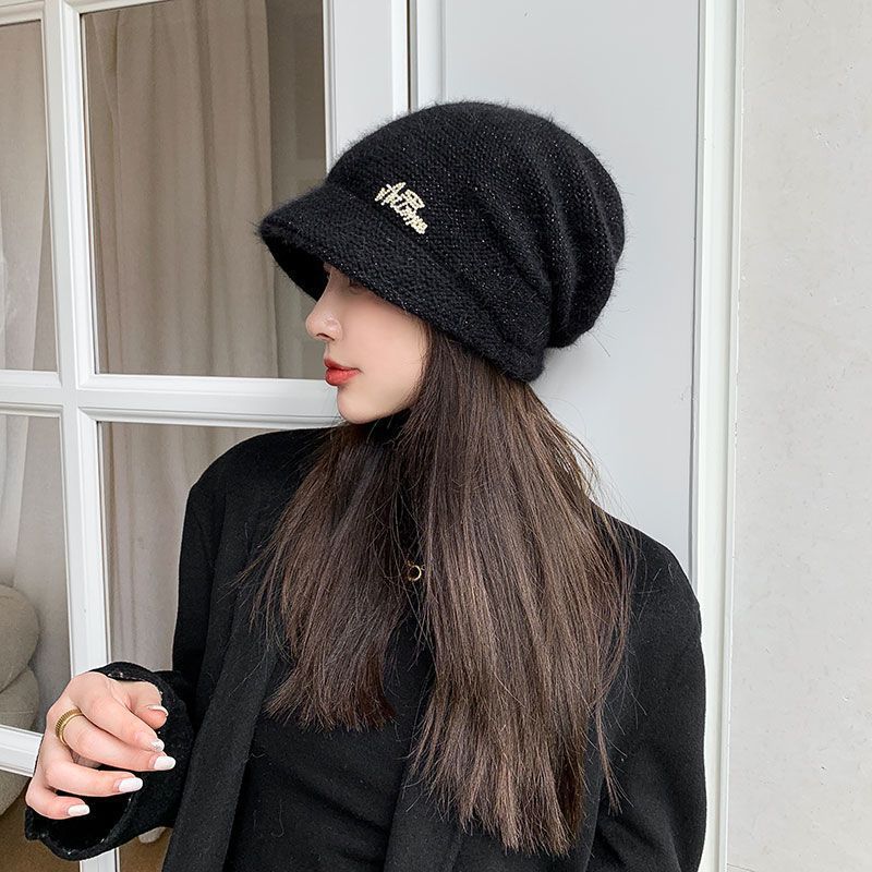 Winter new hat women's autumn and winter rabbit wool knitted hat high-grade double-layer thickened cold-proof headgear