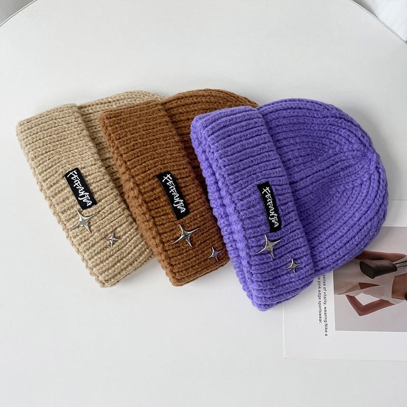 Letter Knitted Hat Women's Autumn and Winter Big Head Circumference Versatile Ear Protection Warm Wool Hat Showing Face Small Bag Head Cold Hat