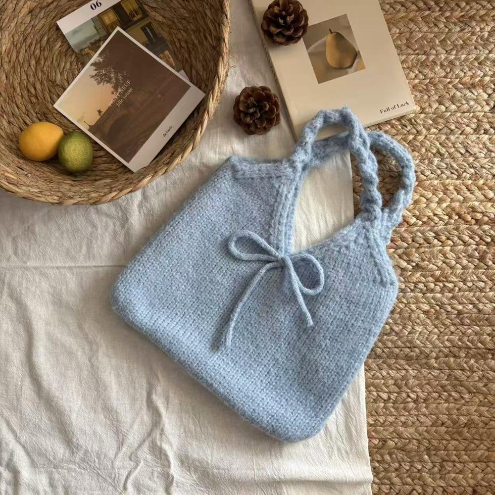 Casual Multicolor Bow Knitted Handbag Twists Soft Knitted Wrist Bag Cute Large Capacity Knit Shoulder Bag Commuting