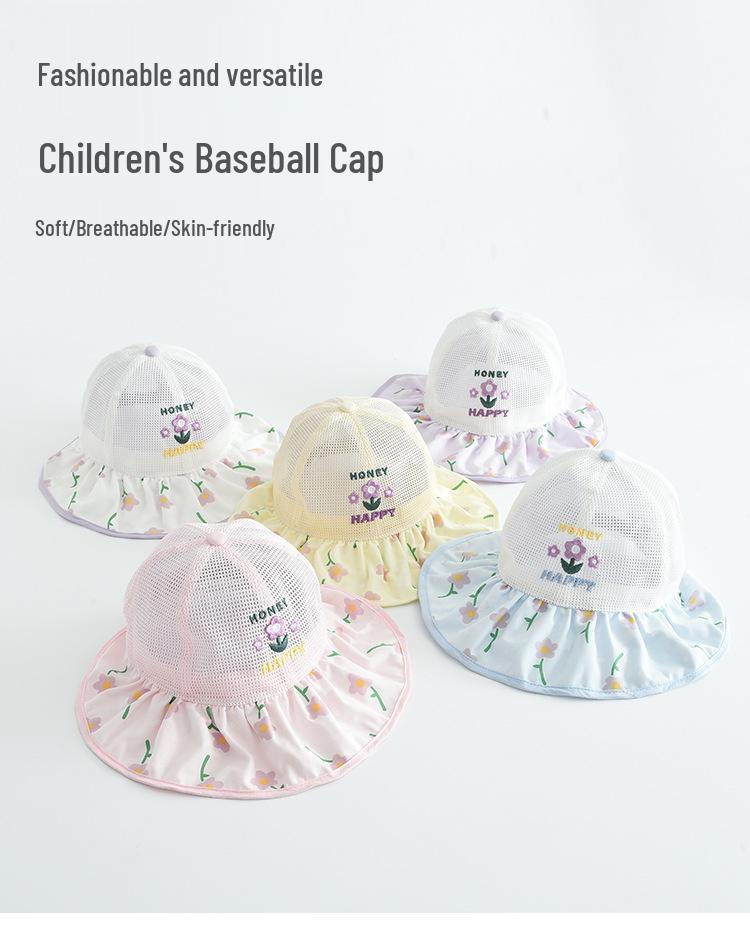 Kids' Embroidered Floral Mesh Bucket Hat - Breathable Outdoor Sun Hat for Students