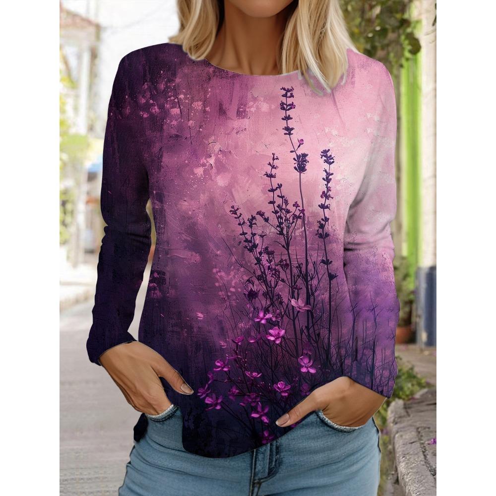 Women's 3D printed flower T-shirt, fashionable long sleeved round neck regular top, holiday weekend blue spring and autumn outfit