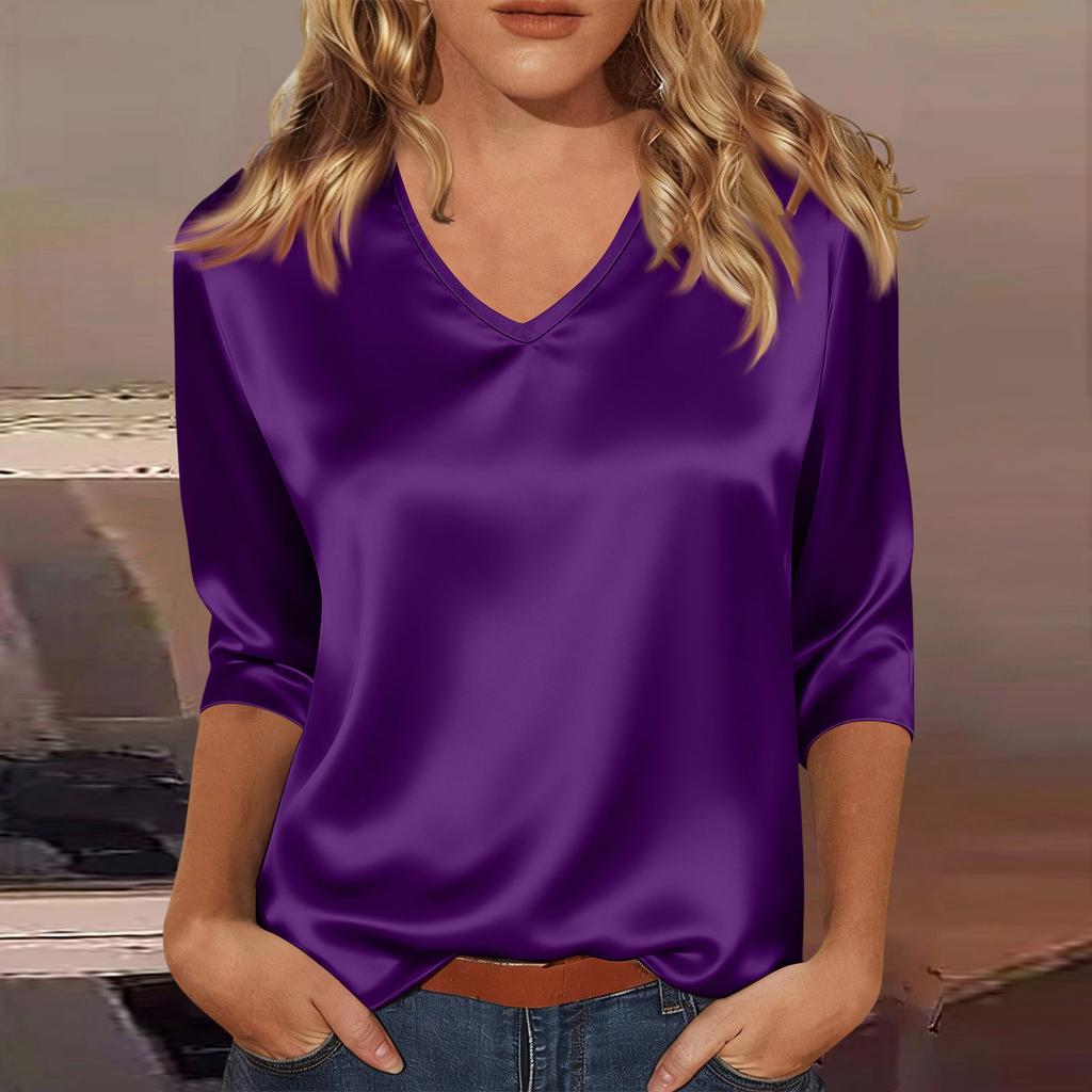 Women's V-neck Three-quarter Sleeve Satin Shirt Top, Lightweight For Spring And Summer