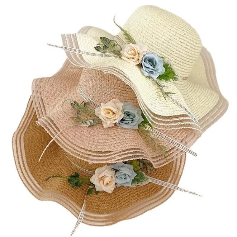 Wave Edge Flower Woven Straw Hat Women's Summer French Seaside Vacation Sun Hat Large Brim Shading Sun Protection Hat
