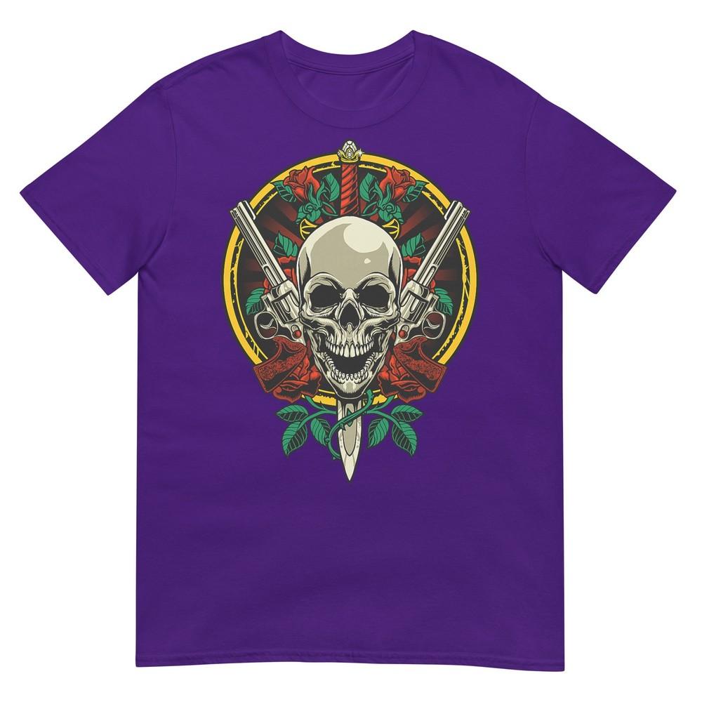 Skull Face With Roses 80s 90s Rock Music Guns And Skull Tshirt