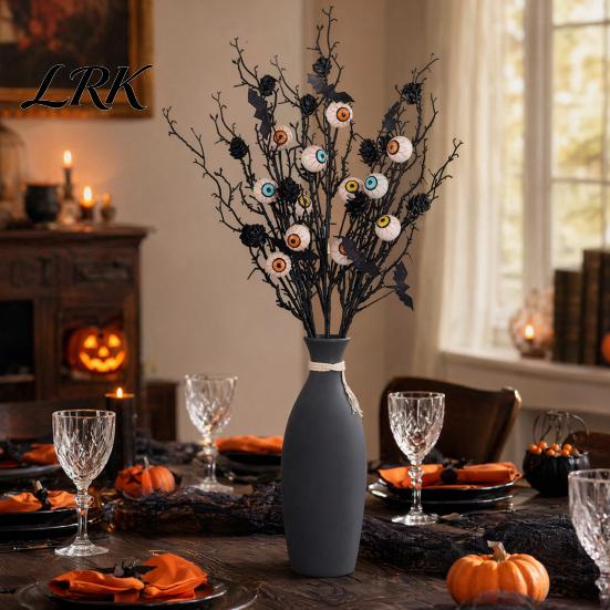 Halloween Party Decor Black Artificial Branches, Scary Eyeballs Picks with Bats Pine Waterproof Cones for Gothic Vase Filler, Floral Arrangement,
