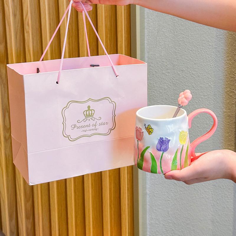Girls Heart Ins Wind Hand-painted Tulip Ceramic Cup Girls Senior Sense Souvenir Couple Flower Mug
