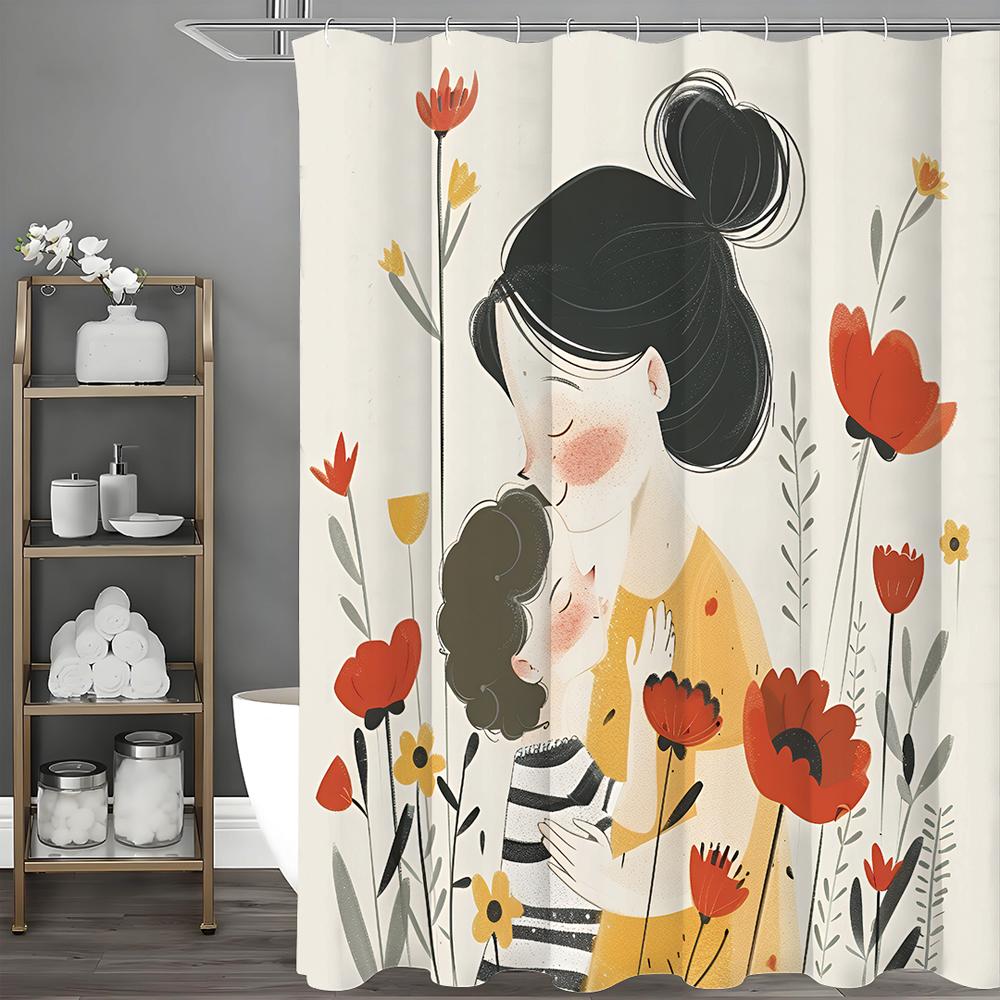 Happy Mother's Day Mother and Child Hugs Floral Shower Curtain, Bathroom Decorative Shower Curtain, Waterproof Shower Curtain wi