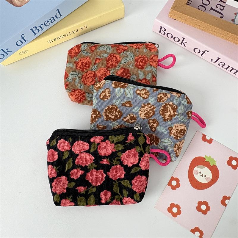 New Corduroy Floral Coin Wallet Women Portable Lipstick Makeup Bag Children's Cute Coin Purse Small Wallet Large Capacity ID Bag