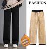 Thick Fleece Lining Straight Wide Pants Elastic Autumn Winter Trousers Women High Waist Leg Solid
