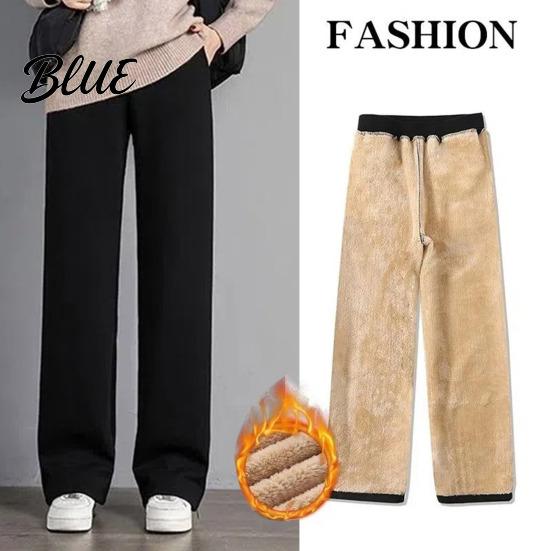 Thick Fleece Lining Straight Wide Pants Elastic Autumn Winter Trousers Women High Waist Leg Solid