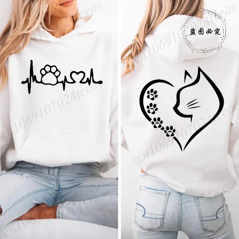 Retro Fashion Cat Heart Printed Hoodie Y2k Street Clothing Cat Lover Men and Women Loose Casual Hooded Sportswear K Pop Clothes