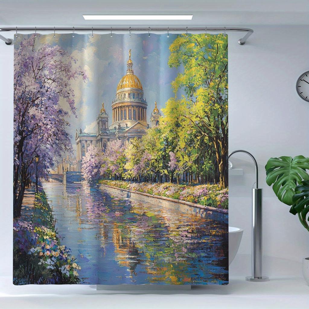 1pc High Quality Polyester Shower Curtain - Fantasy Riverside Castle Scenery Digital Printing, Bathroom Shower Curtain Set