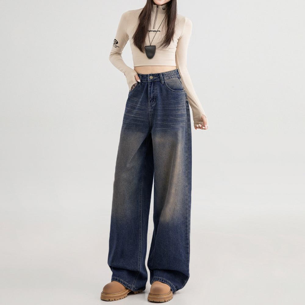Trendy high street design sense washed wide-leg jeans spring and autumn new high-waisted loose mopping jeans