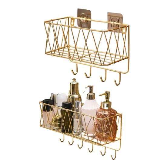 Bathroom Storage Rack with Hollow And Multi-Hook Design Basket Large Capacity Adhesive Installation Organizer for Home