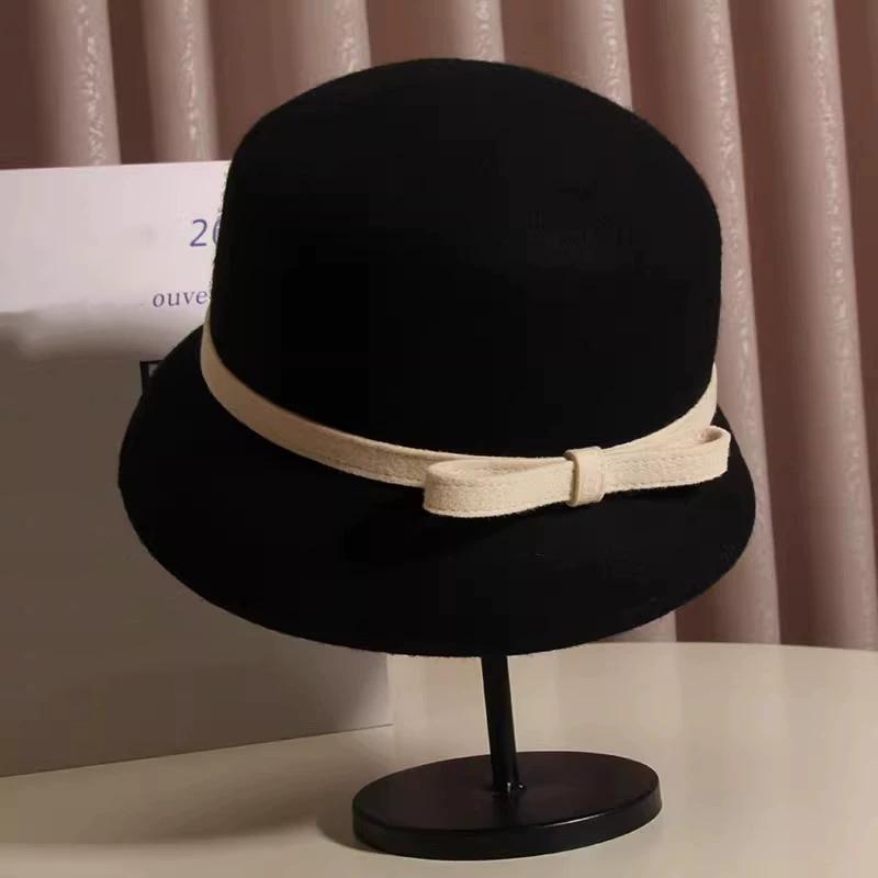WTEMPO Black & Beige Solid Color Adjustable Bow Elegant Bucket Hats Women's Autumn Winter Retro Top Hats Festive Party Formal Hats