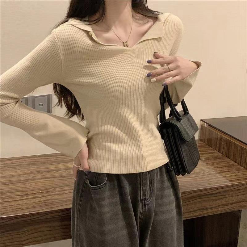 Lapel Base Layer Sweater Women Autumn Winter Womenswear Slim Soft Knit Top