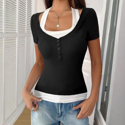 Damen Casual Hemd mit eckigem Kragen, Kontrastfarbe, Fake-Zweiteiler mit Knopfdesign, Slim Fit, kurzärmlig