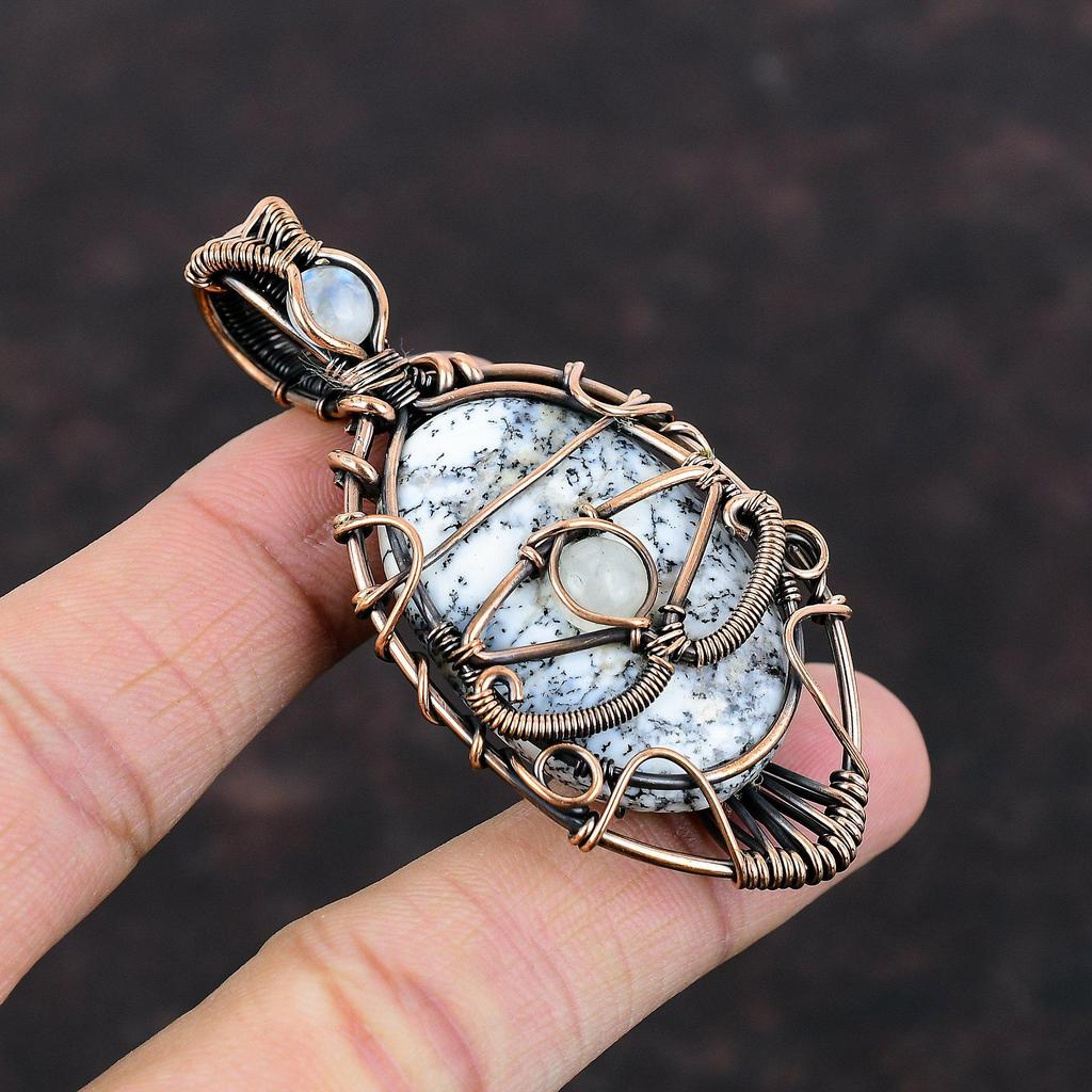Evil Eye Dendrite Opal Pendant Copper Wire Wrapped Pendant Rainbow Moonstone Pendant Gemstone Jewelry Gift For Mom Handmade Evil Eye Jewelry