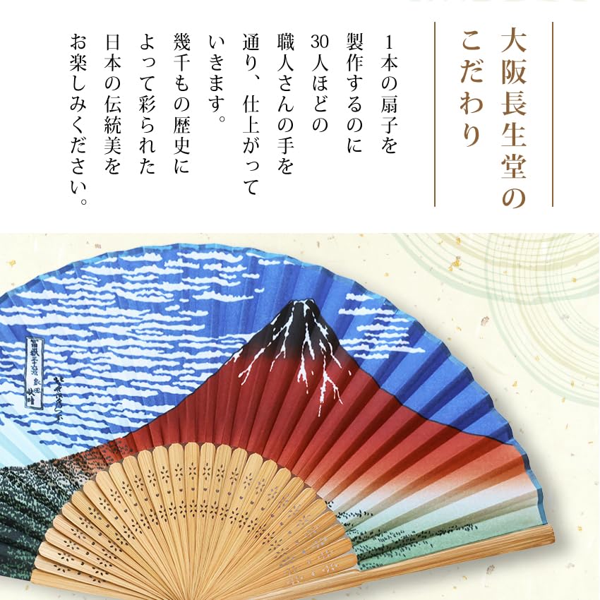 Stylish Polyester Folding Fan for Men and Perfect Souvenir for Overseas or Single Box Hokusai Red [Osaka Choseido] Women, Japan, (Katsushika Ukiyo-e