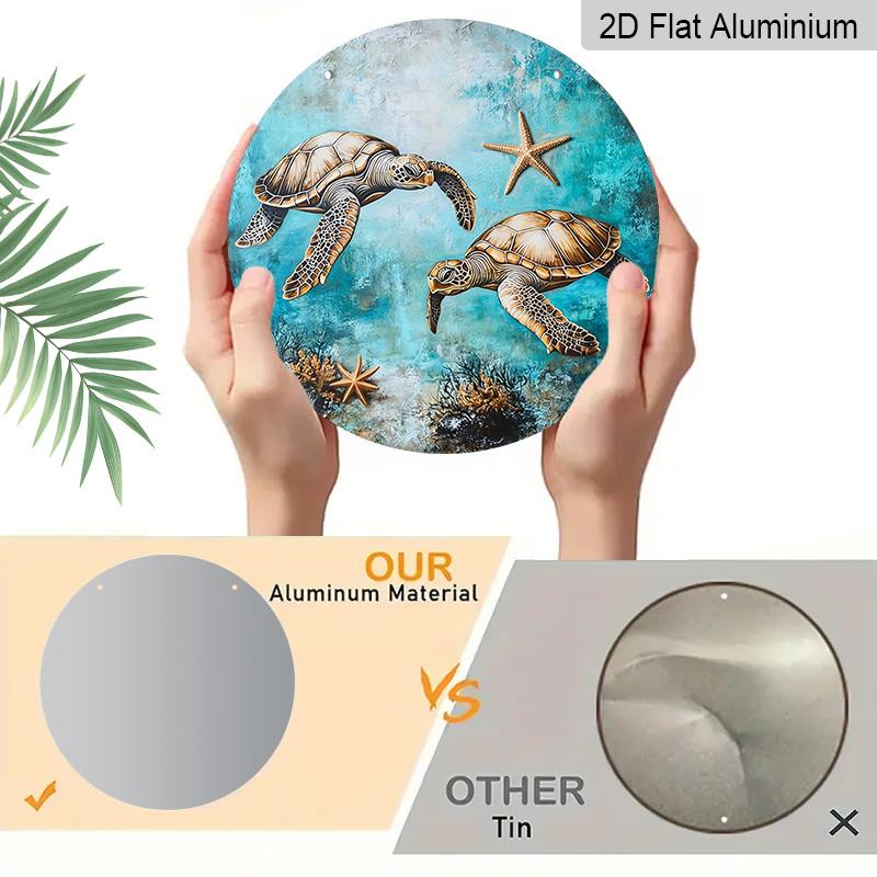 Vintage Sea Turtles & Starfish Metal Wall Art – 2D Flat Round Aluminum Sign with Oceanic Blue Background, Coral Reef Design, Indoor Decor for Living