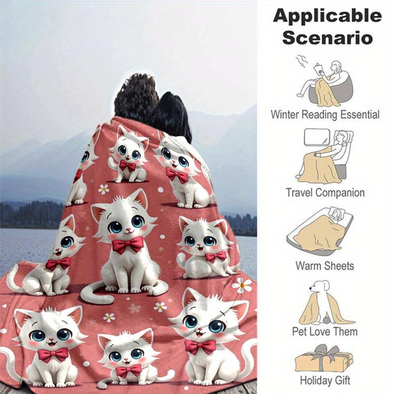 1PC Cute White Cat with Bowknot Cartoon Blanket, for Decorating Your Own Sofa and Living Room, Super Soft Flannel, for All Season Use, Bed,