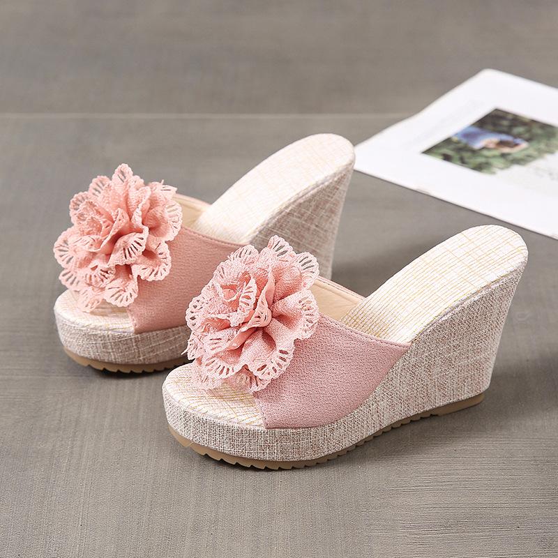 Fashion 2025 Summer Flowers Home and Outdoor Thick-soled One-Line Fish Mouth Sandals/Slippers Large Size Fashionable Wedge Women's Shoes