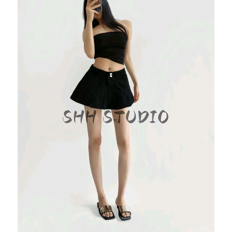 Summer New Product Women's Clothes American Sexy Style Two-Button Pleated A- line High Waist Slimming and Short Denim Skirt