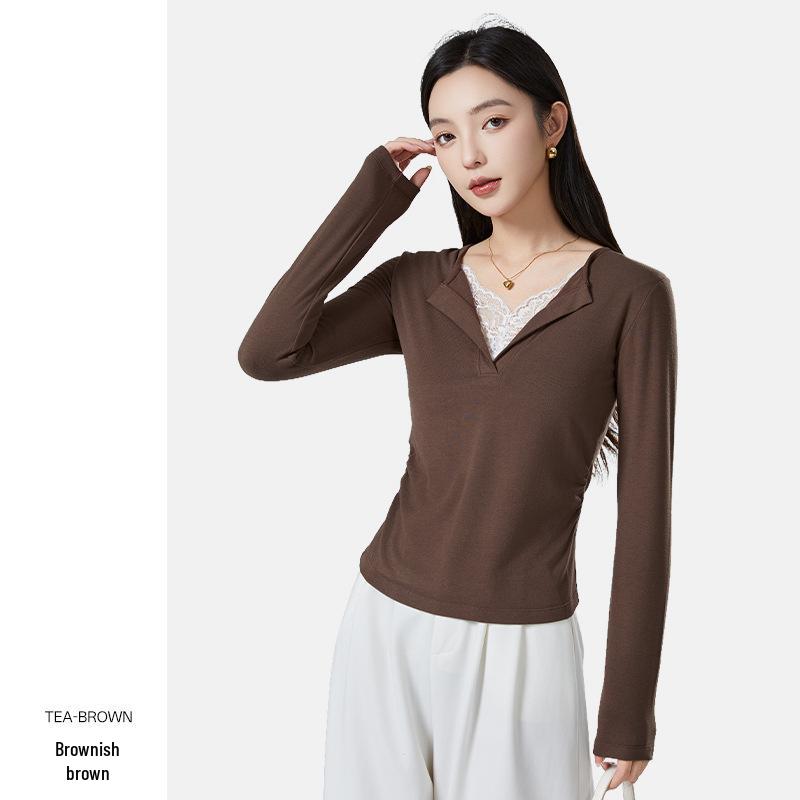Antibacterial Women's Heated V-Neck Slimming Lace Patchwork Wool Long Sleeve T-Shirt