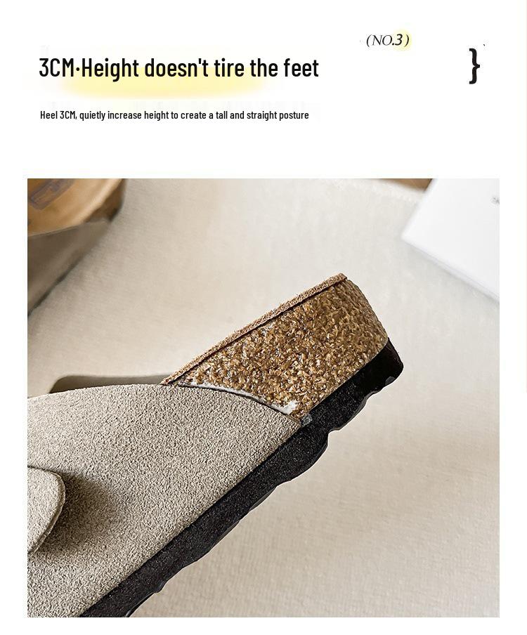 Boken 2024 Autumn Women's Genuine Leather Cork Mule Slippers: Closed-Toe Cow Suede, Flat Bottom, Outdoor Wear.