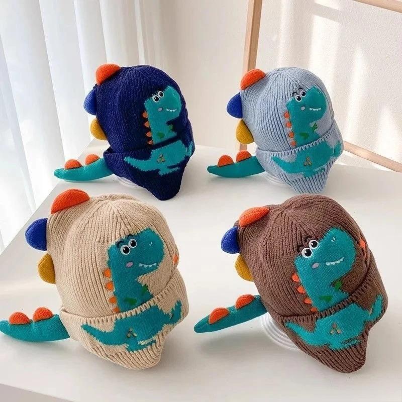 Winter Warme Baby Ohrenschutz Mütze 3D Dinosaurier Kinder Ohrenwärmer Mütze Cartoon Kleinkind Wollstrickmützen 2-6 Jahre Kinder Strickmützen