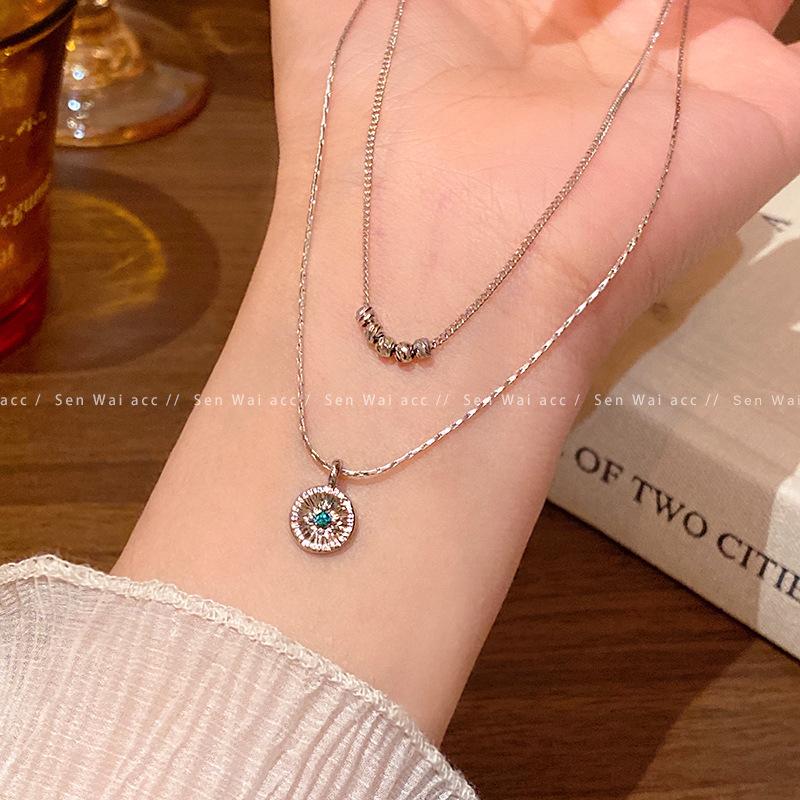 Korean version of zircon disc double-layer necklace female design sense cold wind stacked collarbone chain new accessories