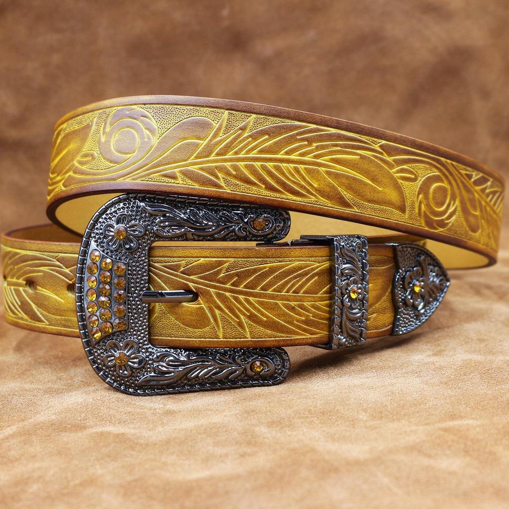Men's Western Buckle Genuine Cowhide Leather Belt, Thick and Embossed for a Fashionable Look