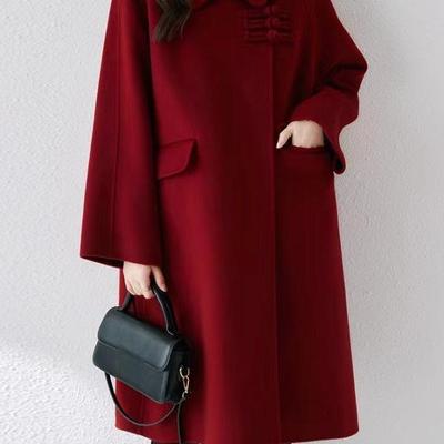 2025 Retro Red Petite Wool Double-Sided Chinese Style Overcoat for Autumn Winter