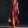 Women Beige Sleeveless V Neck Dress with Asymmetric Ruffle Hem Casual Summer Midi Dress
