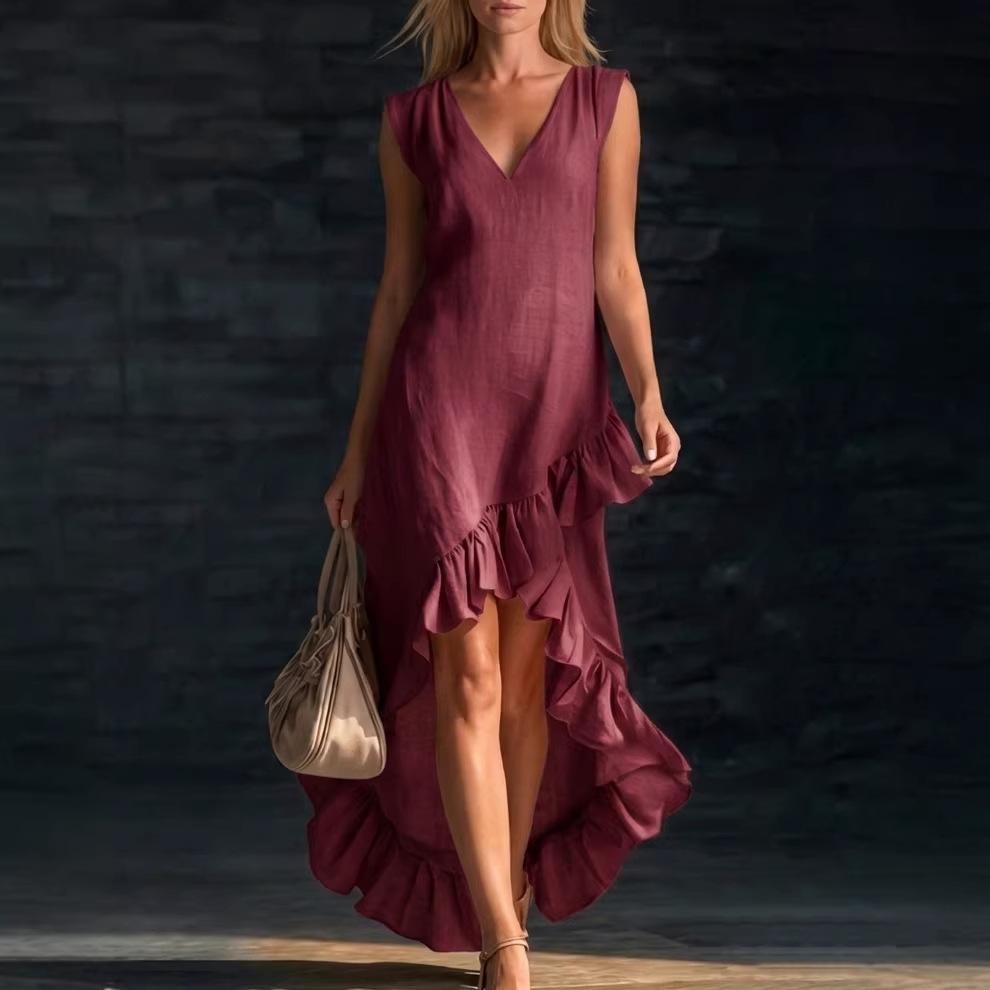 Women Beige Sleeveless V Neck Dress with Asymmetric Ruffle Hem Casual Summer Midi Dress