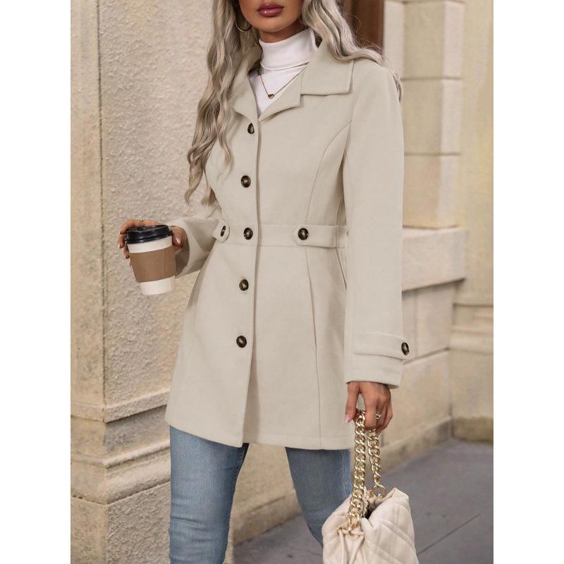 2026 Spring/Fall Mid-Length Elegant Woolen Coat with Lapel Button and Slim Fit Design
