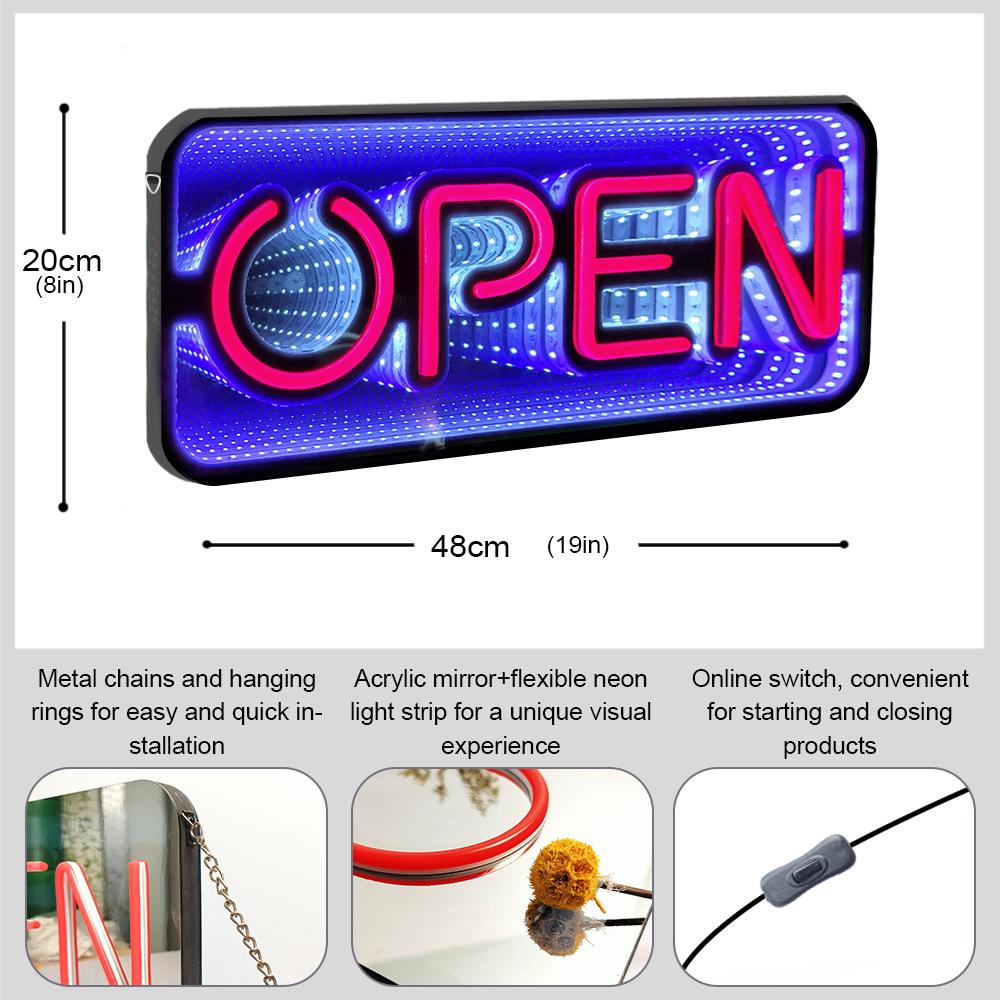 3D Mirror Neon Open Sign 48x20cm Double-Sided LED Light for Pizza Coffee Bar Store - Colorful Background Infinite Tunnel Light