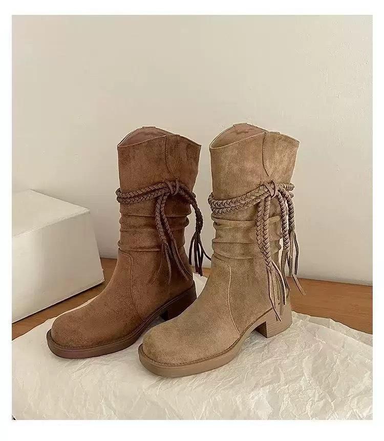 Sheepskin Retro Suede Fringed Boots Women's Knee Knight Boots Slim Wasteland Wind Tall Boots Stacking Boots