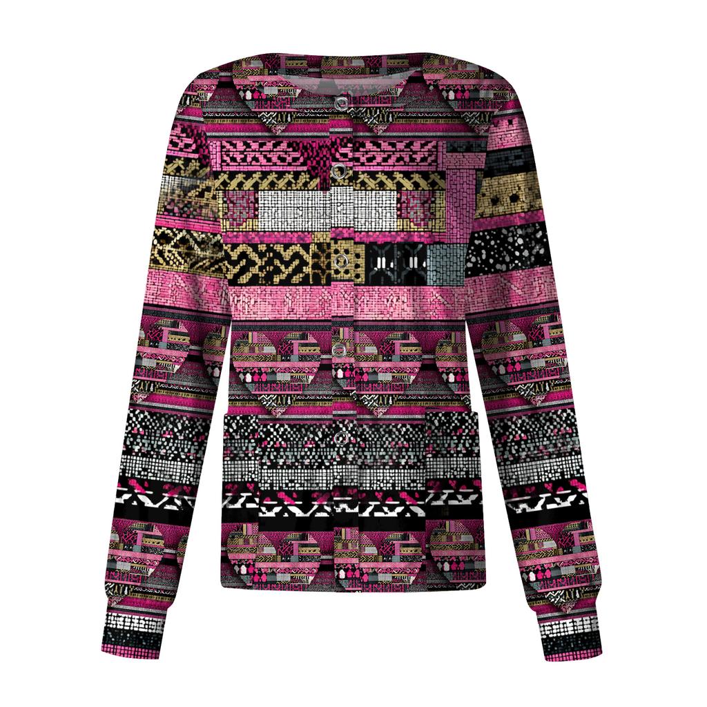 Women Long Sleeve Printed Pocket Working Stand Collar Single-breasted Protective Overalls Cardigan Jacket Top