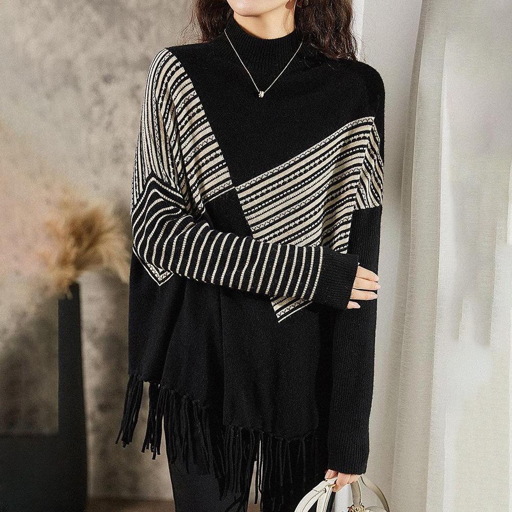 European and American Style Semi-turtleneck Striped Fringed Knitted Sweater Spring and Autumn Loose Temperament Sweater Women's Outer Wear
